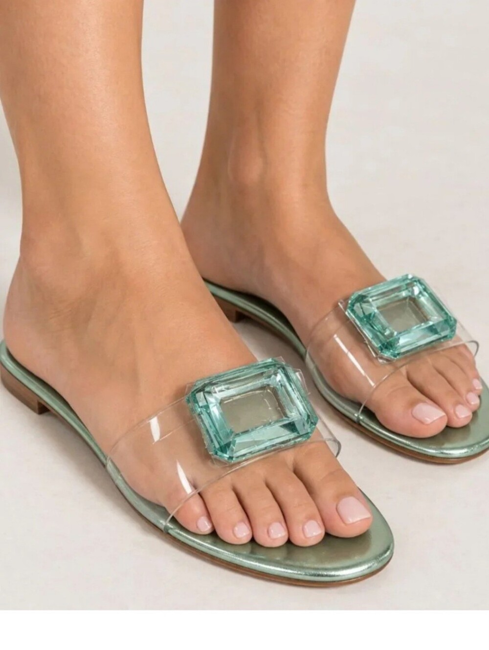 Cecelia Flat Sandals 10 Mint Green Metallic Leather Phillis Jeweled New $130